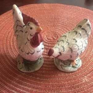 Fine Ceramic Rooster and Hen in Black &  White Accents